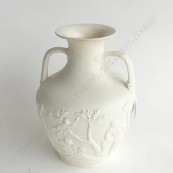 LARGE WHITE PARIAN 2-HANDLE VASE, SIDES & BASE EMBOSSED WITH NAKED ROMANS & CHERUB H. 260MM
