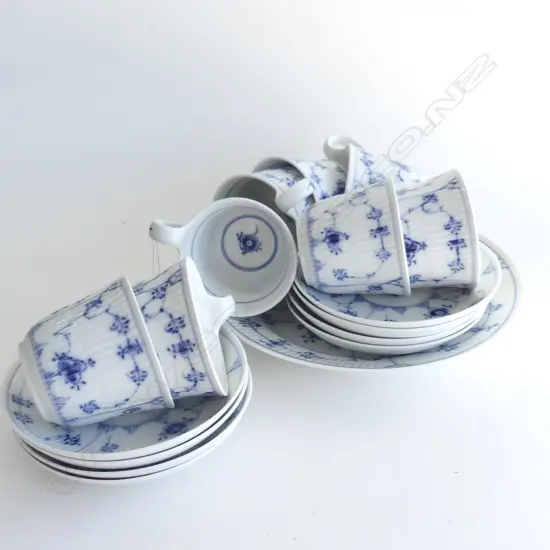 ROYAL COPENHAGEN BLUE & WHITE FLUTED TEA SET 8 CUPS & SAUCERS, 1 CAKE PLATE