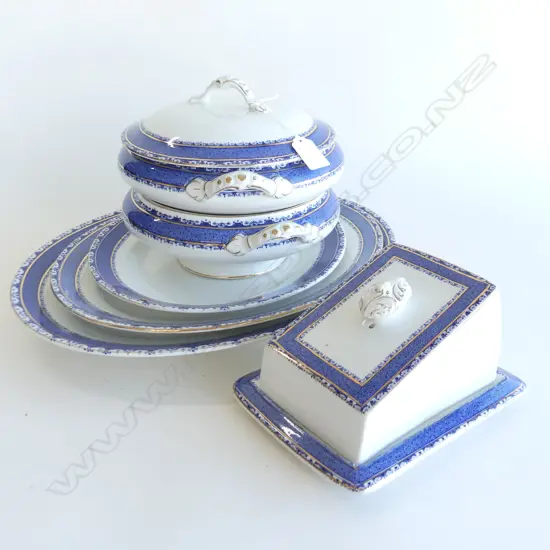 6 PCES B/W BURLEIGHWARE; 3 ASHETTES, PR TUREENS (1 NO LID), LIDDED CHEESE DISH