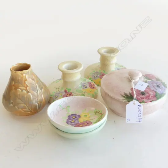 RADFORD POWDER BOWL, PR CANDLE HOLDERS, 2 PIN DISHES, VASE