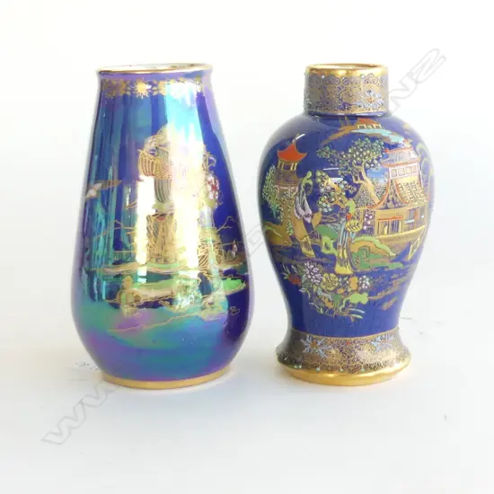 TWO VASES BOTH BLUE LUSTRE ONE CARLTON WARE MIKKADO PATTERN OTHER DEVON WITH SHIP 150MM