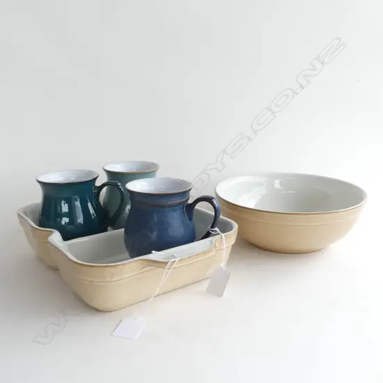 5 PCS DENBY STONEWARE; LG BOWL (DIA 230MM) DOUBLE SIDED DISH (L320MM) + 3 MUGS (H 110MM)