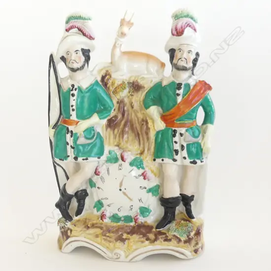 VICTORIAN STAFFORDSHIRE FLATBACK DEPICTS TWO SOLDIERS WITH DEER (ANTLERS AF) 240MM HIGH