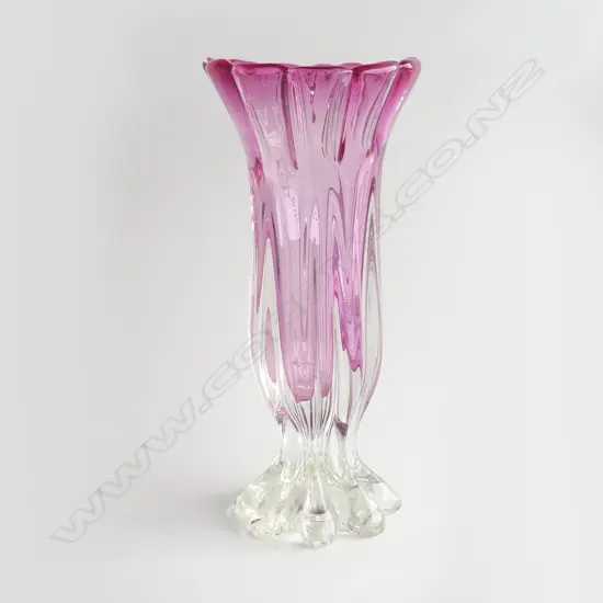 TALL MURANO GLASS VASE.CLEAR  RED ENCASED IN CLEAR. RIBBED.GROUND PONTIL H.320mm