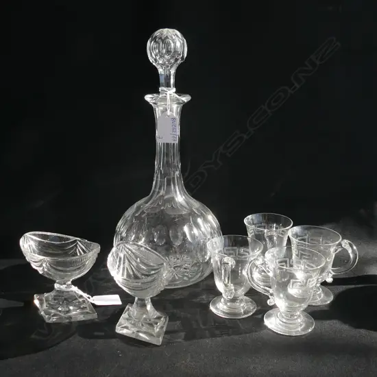VICTORIAN DECANTER, 4 PUNCH CUPS, PR GEORGIAN CRYSTAL SALTS