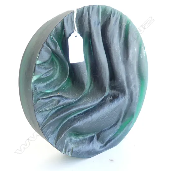 CAST GLASS CIRCULAR DARK GREEN DISC WITH " FOLDED" DETAIL SOME FRITTING, H.210mm 