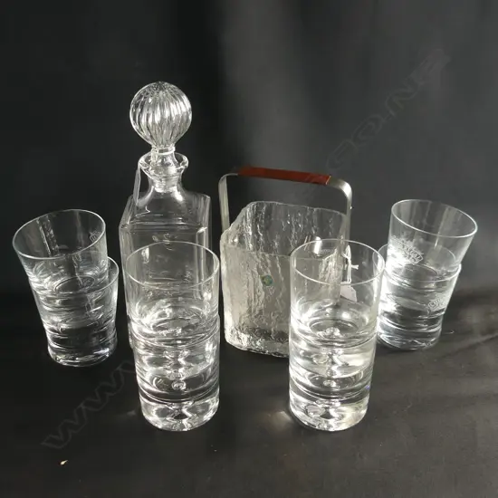 DECANTER, 2 SETS OF 4 TUMBLERS, ICE BUCKET