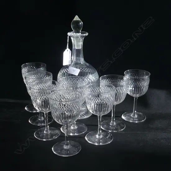EDWARDIAN CRYSTAL DECANTER & 8 GLASSES 