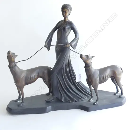 LARGE BRONZE FIGURAL GROUP WOMAN AND BORZOI DOGS IN THE MANNER OF CHIPARUS, H.430mm L.500mm