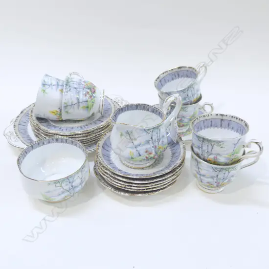 22 PCE ROYAL ALBERT 'SILVER BIRCH' TEA SET; 6 TRIOS, SAUCER, MILK, SUGAR, PLATE