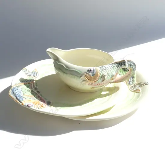 3 ITEMS CLARICE CLIFF FISH DECORATED 2 PLATES AND JUG