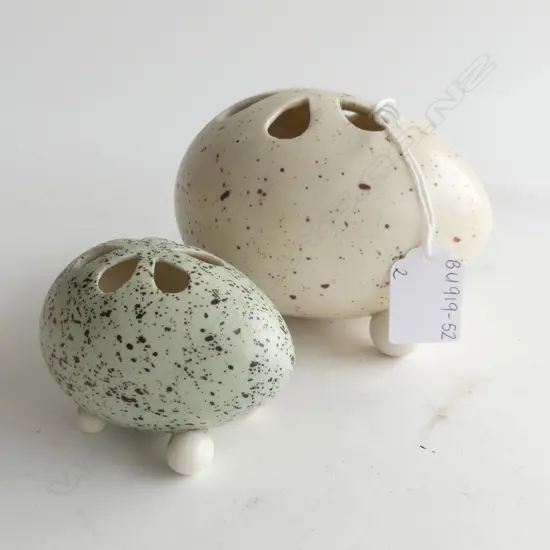 2 SPECKLED EGG SHAPED VASES, L 130 & 80MM. BOTH STAMPED WITH RD NO 23917