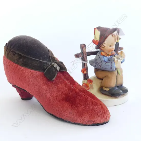 2 ITEMS VICTORIAN PLUSH VELVET PIN CUSHION AND SMALL HUMMEL FIGURE OF CHILD 120MM HIGH 