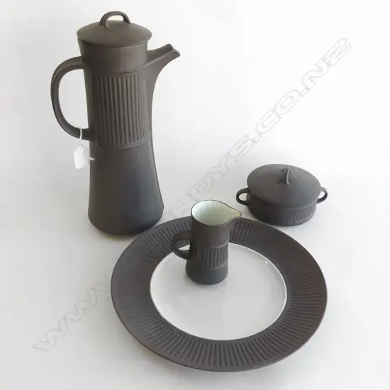 DANISH PART COFFEE ' DANSK ' FLAMESTONE BY JENS QUISTGAARD COFFEE POT SUGAR PLATE & CUP, H.340mm