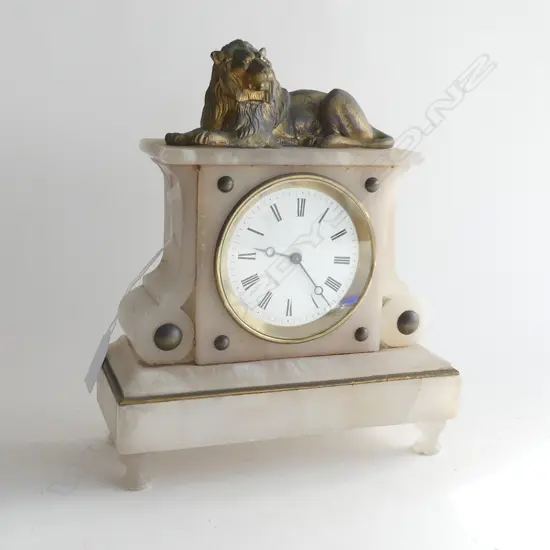 ALABASTER MANTEL CLOCK - ORMOLU LION TO THE TOP