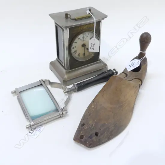 3 ITEMS WOODEN SHOE LAST METAL MANTEL CLOCK & MAGNIFIER 