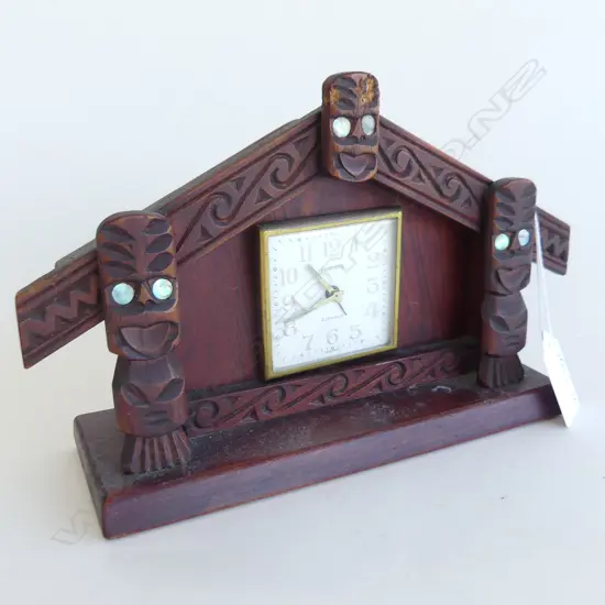 OLD WOODEN CARVED MAORI WHARE MANTLE CLOCK L 210MM
