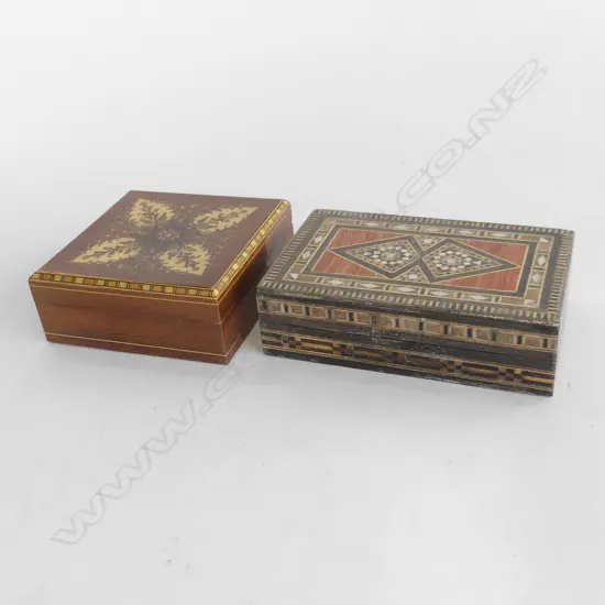 2 ORIENTAL WOODEN INLAID BOXES  (150 X 95 & 115 X 115MM)