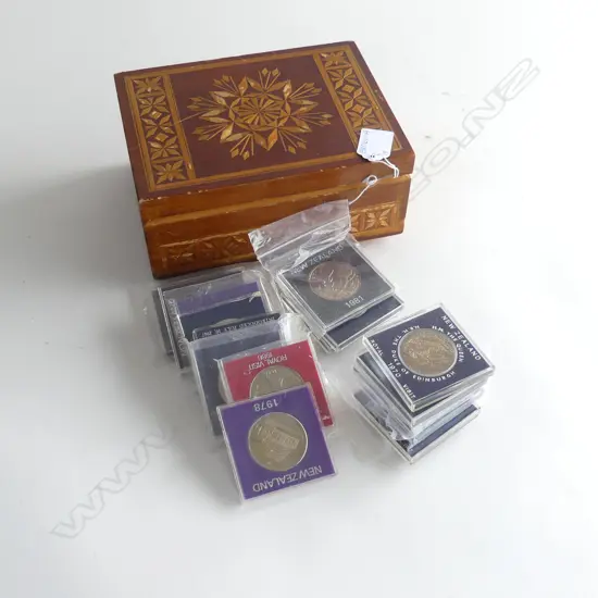 WOODEN BOX 18 CASED NZ COMMEMORATIVE COINS