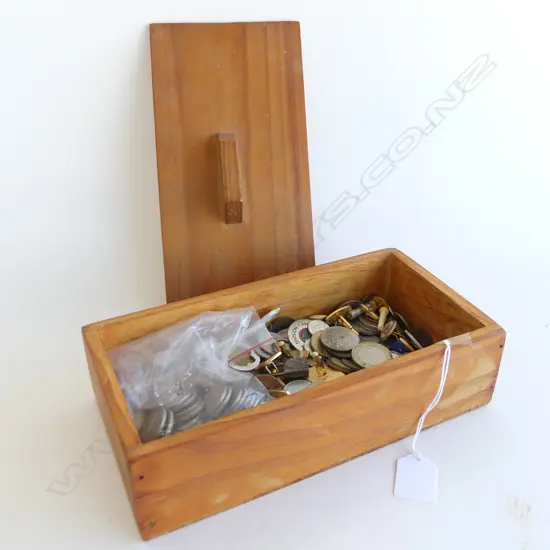 WOODEN LIDDED BOX OLD COINS ETC...