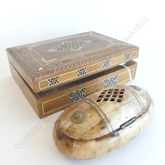2 TRINKET BOXES; 1 INLAID, L 185MM & ONE OTHER 