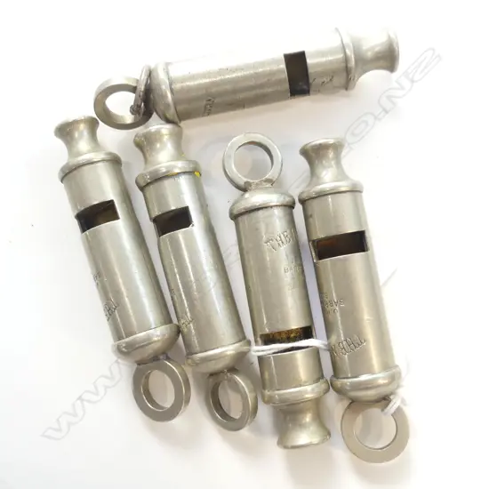 5 ANTIQUE METAL WHISTLES 'THE METROPOLITAN B'HAM' 
