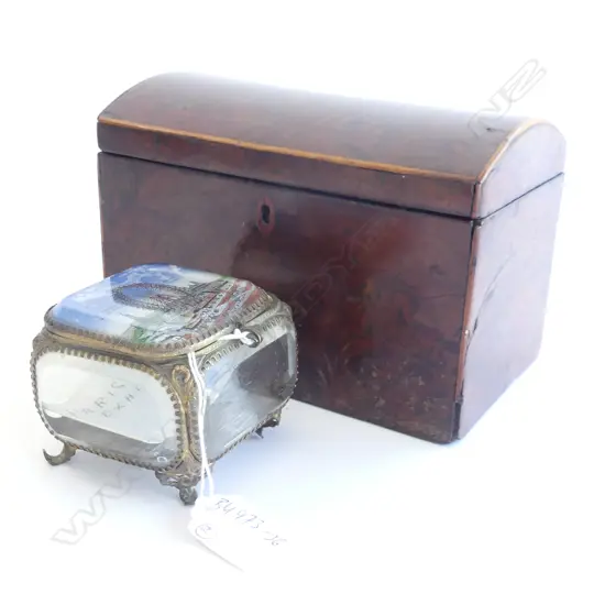 2 ITEMS 19TH C AMBOYNA TEA CADDY AND GLASS JEWELLERY BOX  CELEBRATING PARIS EXHIBITION 1900
