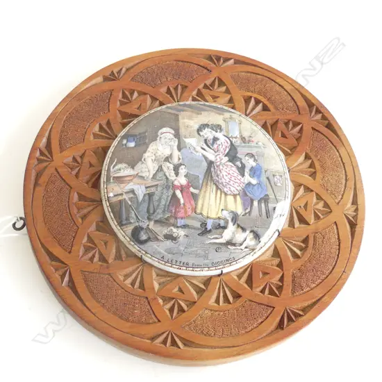 ANTIQUE POT LID IN CHIP CARVED FRAME 'A LETTER FROM THE DIGGINGS' 185mm dia