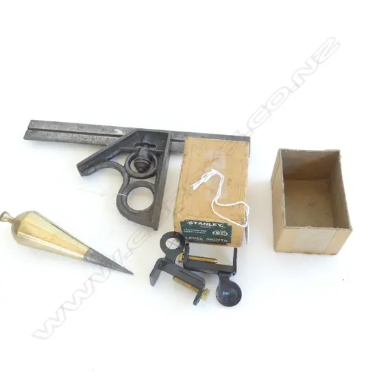 3 WOODWORKING INSTRUMENTS BRASS PLUM BOB STANLEY LEVEL SIGHT & METAL SETSQUARE