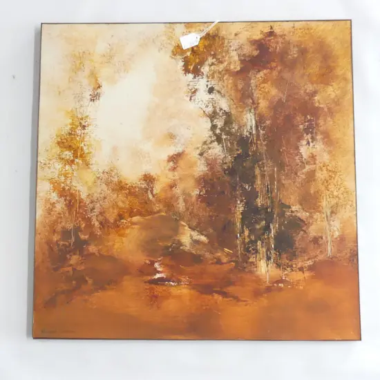 MARGARET WOOLLEY OIL ON BOARD FOREST SCENE IN RUSTIC TONES 590MM X 590 MM