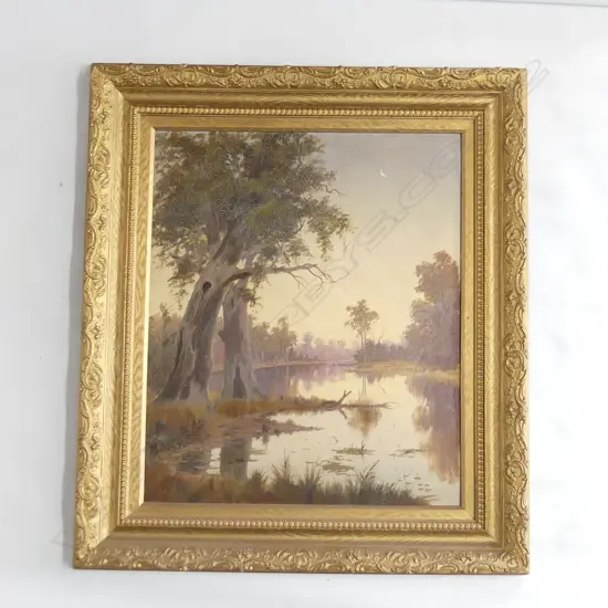 A LARGE OIL ON BOARD DEPICTS AUSTRALIAN BUSH SCENE (SOME CRAQUELURE) 600MM X 500MM