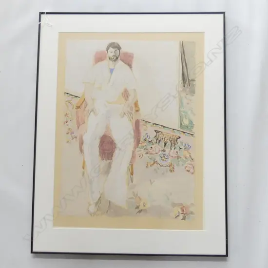 WATERCOLOUR ON PAPER DEPICTS GENTLEMAN IN LOUNGE CHAIR 630MM X 470MM