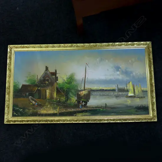 LGE DUTCH LANDSCAPE OIL, SIGNED BAILLEY, GILT FRAME 1190x590mm