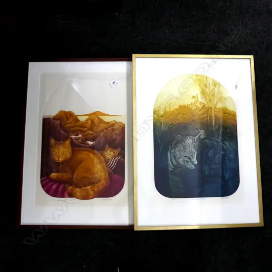 2 FRAMED  MERK BISHOP LTD ED. ETCHINGS 'ONE TREE HILL' 6/50 & 'BLACKROCK CATS' 3/50   360 X 500MM