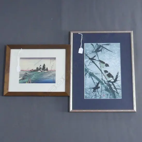 2 ORIENTAL ARTWORKS; BIRD PRINT ON FABRIC 350x220 + LANDSCAPE PRINT 160x225mm