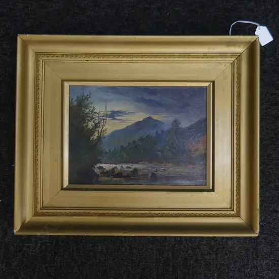 H W KIRKWOOD RIVER SCENE OIL ON BOARD 56x32cm Unsigned