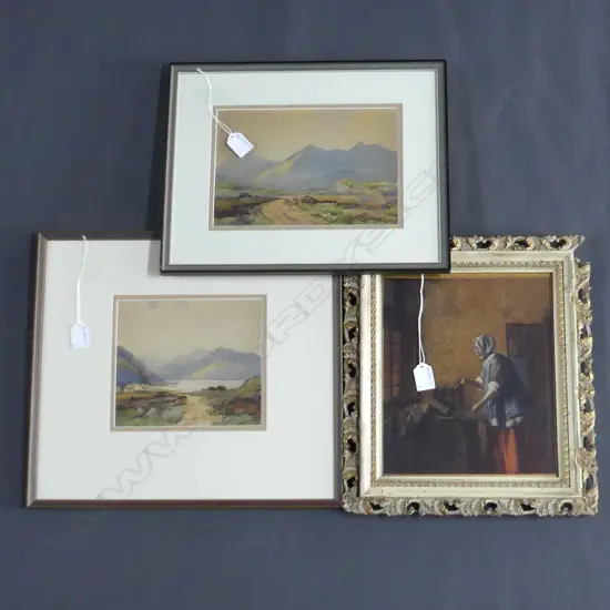 3 ARTWORKS; 2 SIGNED W/C LANDSCAPES 170x250 / 170x195mm + DUTCH PRINT ornate frame af
