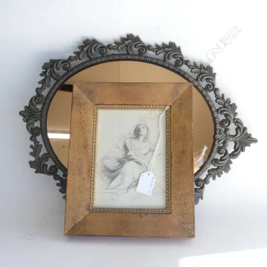 OVAL METAL FRAMED WALL MIRROR (410 X 320MM) + FRAMED PENCIL SKETCH (160 X 115MM)