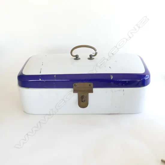 VINTAGE WHITE & BLUE ENAMEL BOX W brass fittings. L.440mm.