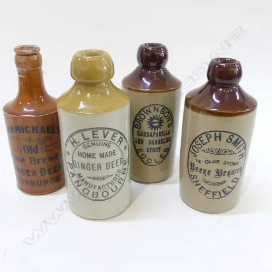 4 ANTIQUE CERAMIC GINGER BEER BOTTLES H.165mm