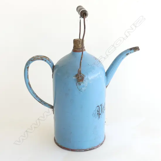 C1900 FRENCH '2L PETROLEUM' BLUE ENAMEL CAN w handle. H.320mm