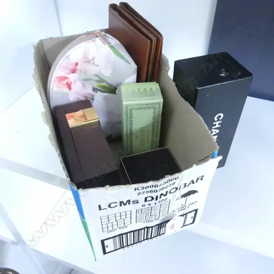 COLLECTION OF BRAND BOXES; CHANEL, TIFFANY ETC. TED BAKER MAKEUP BAG, 2 LEATHER ROLEX NOTEPAD COVERS