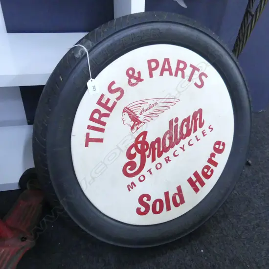 'INDIAN MOTOCYCLES - TIRES & PARTS - SOLD HERE' ADVERTISING SIGN 650mm dia 