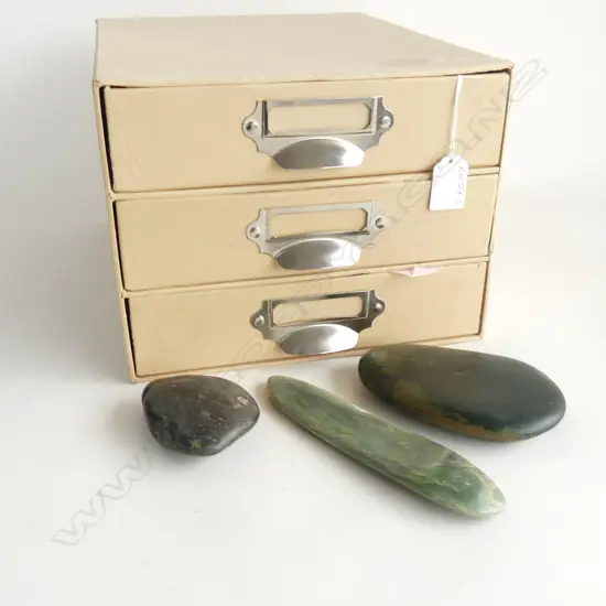 3 NEPHRITE POUNAMU RIVER WORN STONES ex collection Peter Houston + 3 DRAWER FILER