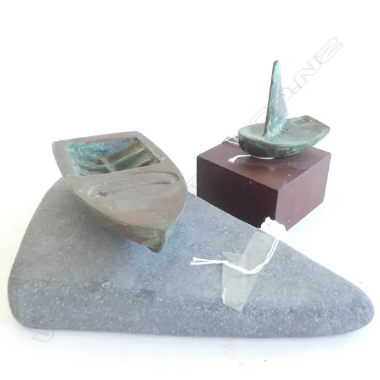 2 BRONZE MODEL DINGHY 1 ON WOODEN PLINTH BY PETER OXBOROUGH 2006 OTHER ON STONE BASE ,H.130mm