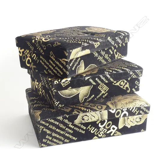 3 SM BOXES; BLACK & GOLD FLOCK, 3 SIZES - LARGEST L 265MM