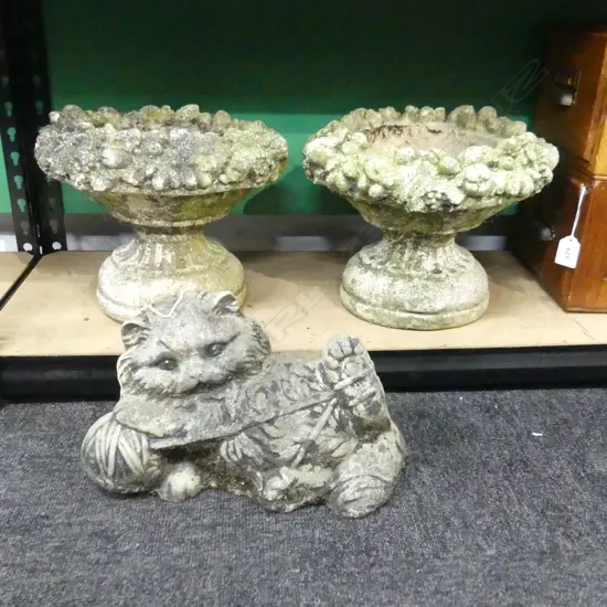3 PCES CONCRETE GARDEN ORNAMENTS; CAT & PR URNS 280mm dia