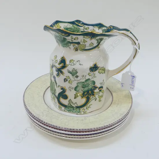 MASONS 'CHARTREUSE' IRONSTONE JUG H.145mm + 4 WEDGWOOD PLATES 210mm dia