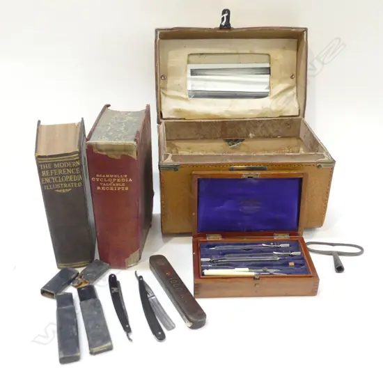 SML VINTAGE CASE w. ANTIQUE BOOKS, SHAVING BLADES, DRAWING SET ETC