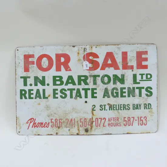 OLD ENAMEL SIGN 'FOR SALE T. N. BARTON LTD REAL ESTATE AGENTS' 380x610mm